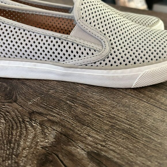 Sperry Seaside Perforated Leather Grey Slide On Shoes - Picture 3 of 7
